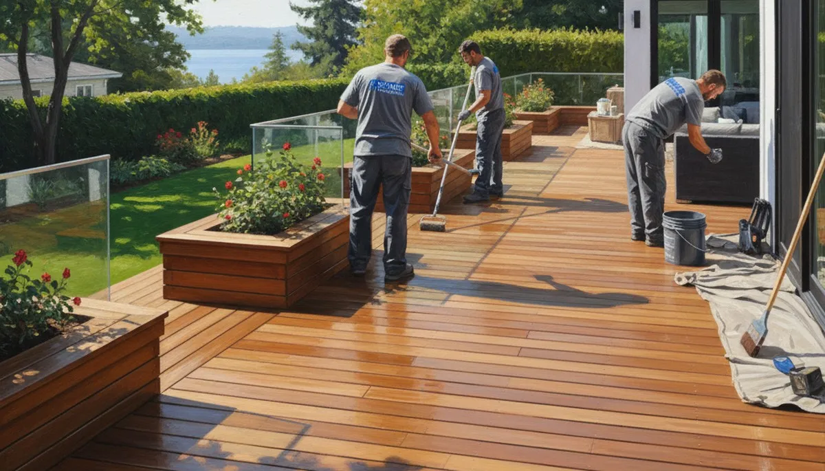 Oakland, CA deck painting service applying durable protective finish for Bay Area weather