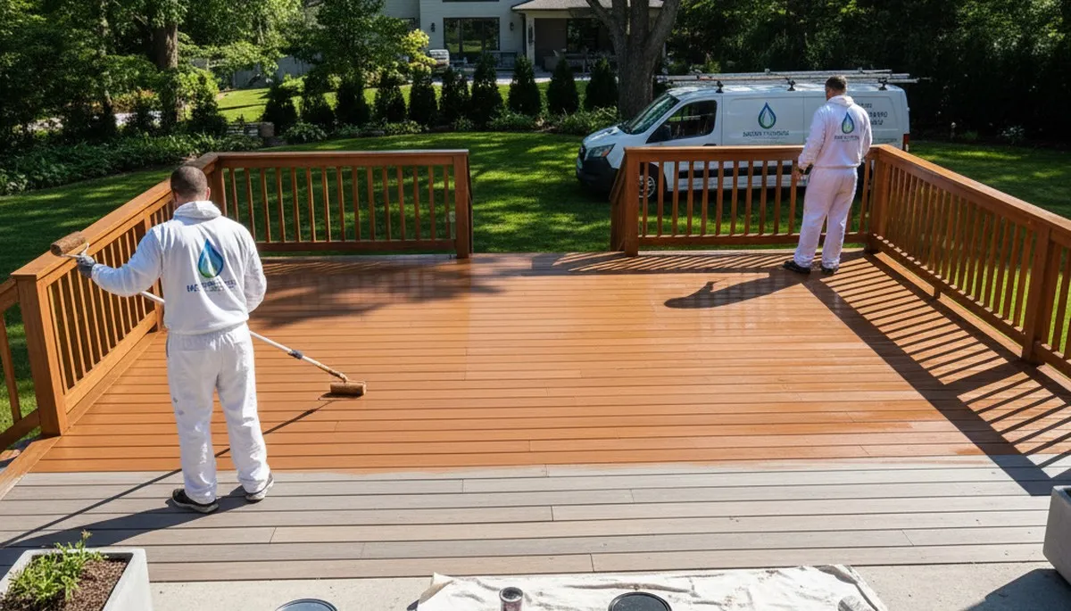 Oakland, CA deck painting service applying durable weather-resistant finish to a wood deck